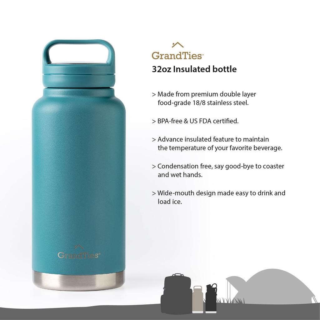 GRANDTIES Premium Vacuum Insulated Stainless Steel Wide Mouth Water Bottle, 946ml, Available In 9 Colors, Includes Two Lids & Easy-to-Clean Large