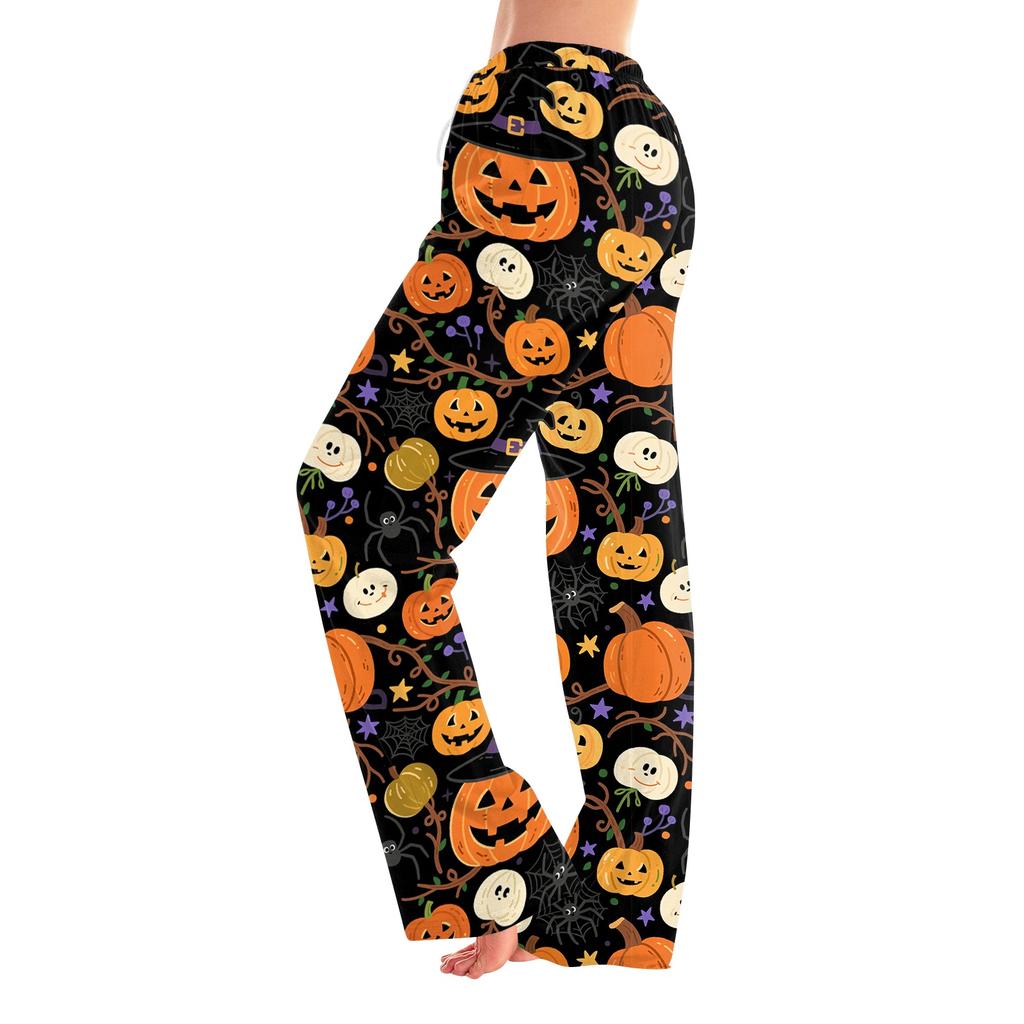 Women's Halloween Print Pants with Elastic Waist and Drawstring for Casual Home Sleepwear