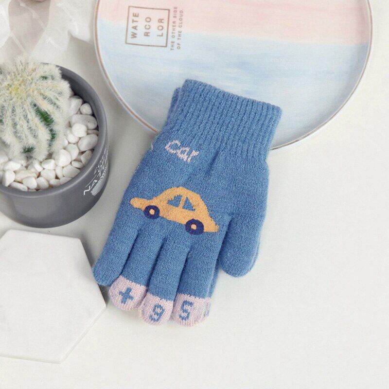 Children Gloves For 4-8 Years Boys Girls Winter Knitted Soft Warm Cartoon Car Full Finger Gloves