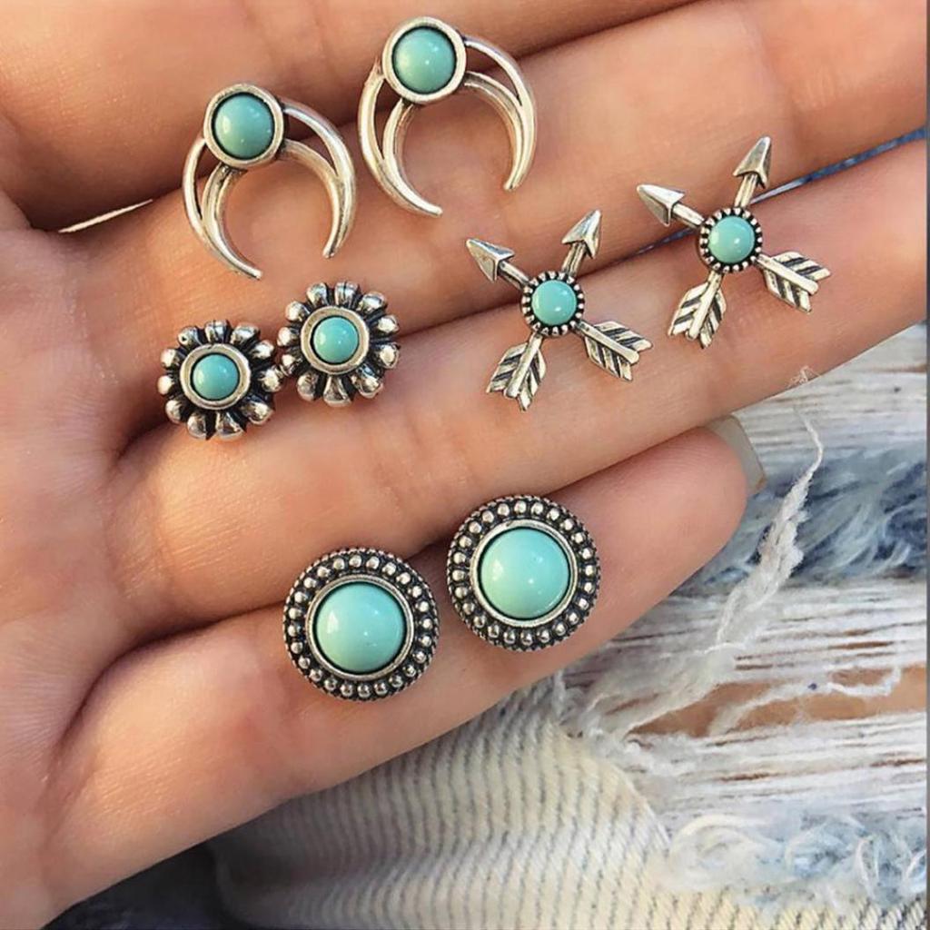 4Pairs Girls Women Flower Arrow Ear Studs Set Faux Turquoise Jewelry Earrings
