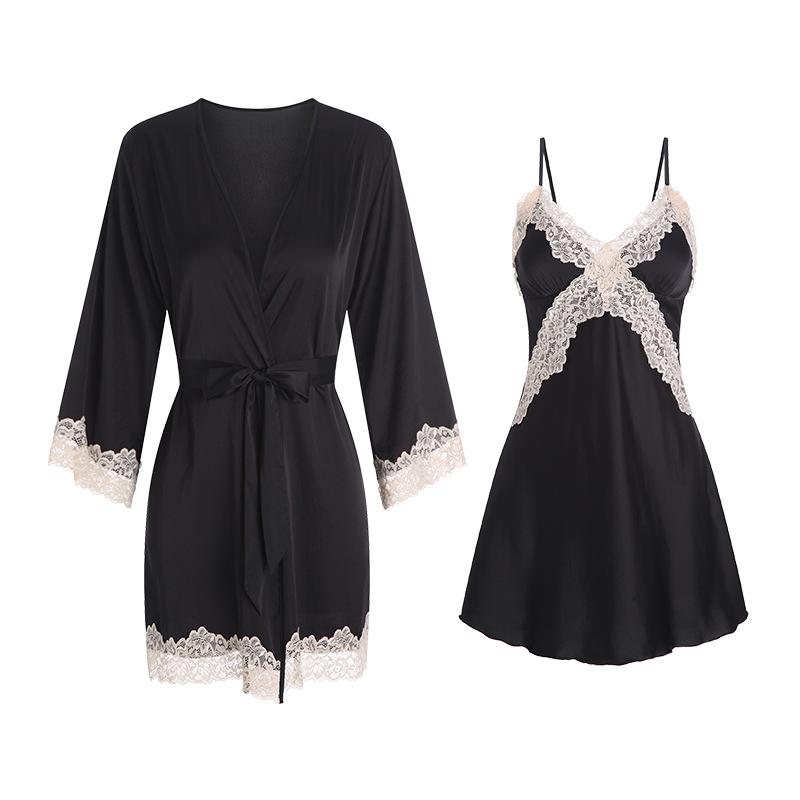Women's Satin Lace Deep V Tie Waist Cami Sleep Dress with Robe Lounge Set