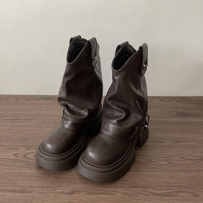 Fashion 2024 Autumn Women's Knee High Boots Western Round Toe Long Boots Women Western Shoes Chunky Heel Platform Women