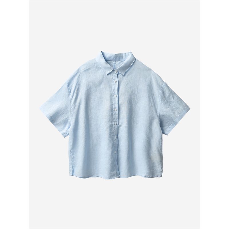 

Yi Z Club Simple Casual Commuter Loose Linen Lapel Short sleeve Shirts Spring/Summer Women clothes 0.19 Sky Blue [25-6-16] M