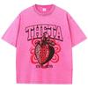 Fashion Women Washed T-Shirts Theta Strawberry Printed Tee Shirts Cotton Distressed Oversize Crewneck Tees Street Clothes