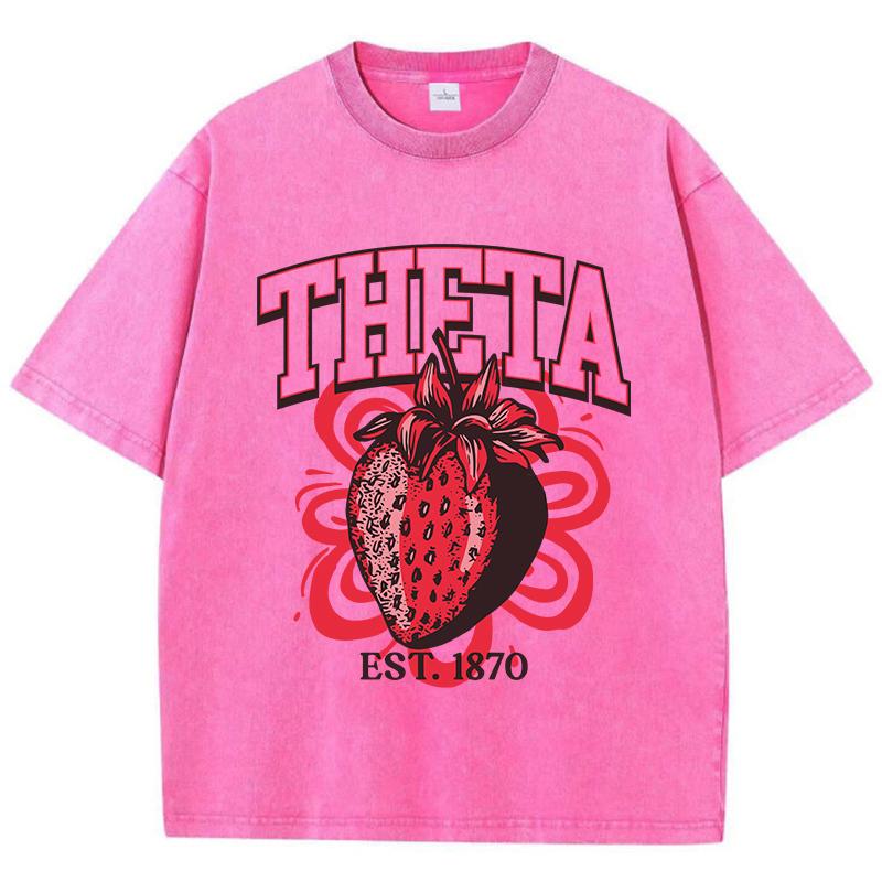Fashion Women Washed T-Shirts Theta Strawberry Printed Tee Shirts Cotton Distressed Oversize Crewneck Tees Street Clothes