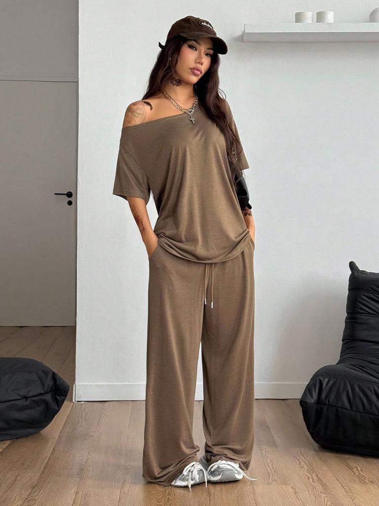 Brown Off Shoulder Short Sleeve Top and Wide Leg Pants Casual Sport Two Piece Set