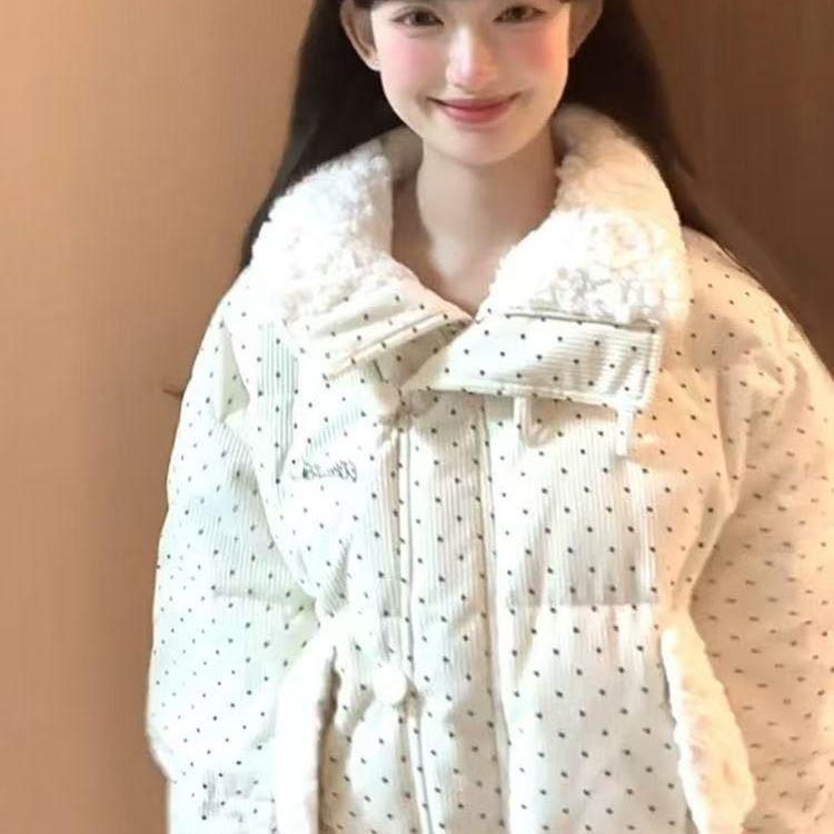 Women's Winter Korean-Style Polka-Dot Cotton Coat: Sweet, Warm, Faux Fur Collar, Loose-Fit, Short Puffer Jacket
