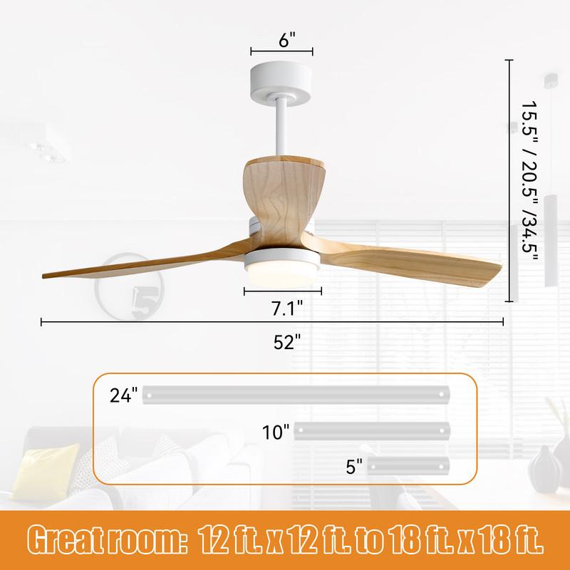 Sofucor Ceiling Fan with Light 132cm - 6 Speeds - Remote Control - 3 Wooden Blades - Reversible DC Motor