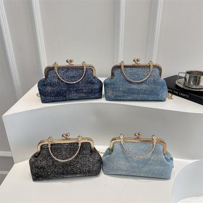 Nieuwe Minimalistische Retro Denim Handtas met Metalen Kettinghandvat - Chique Vintage Avondfeesttas, Premium Kwaliteit voor Dagelijks Kantoor
