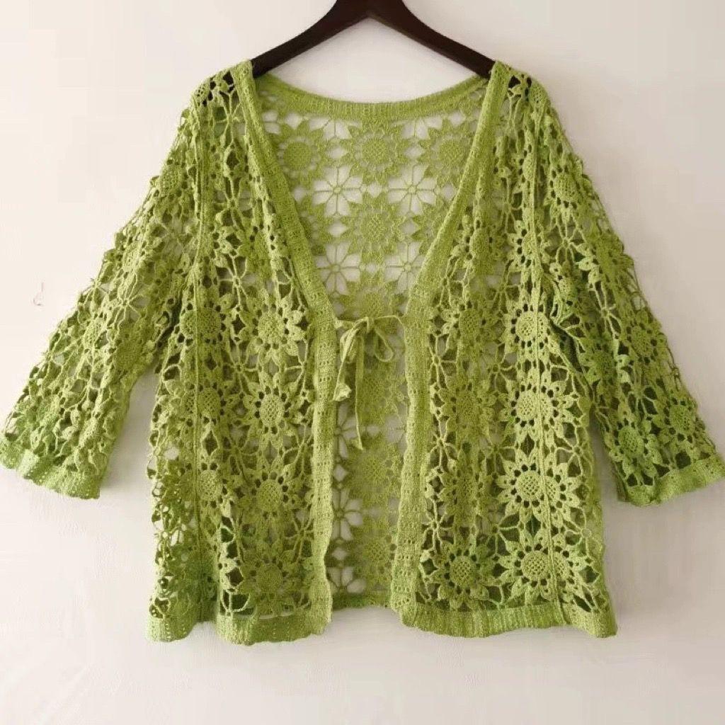 

Женская трикотажная куртка с вырезами, хлопковый свободный кардиган, летняя солнцезащитная кружевная блузка с открытым передом one size