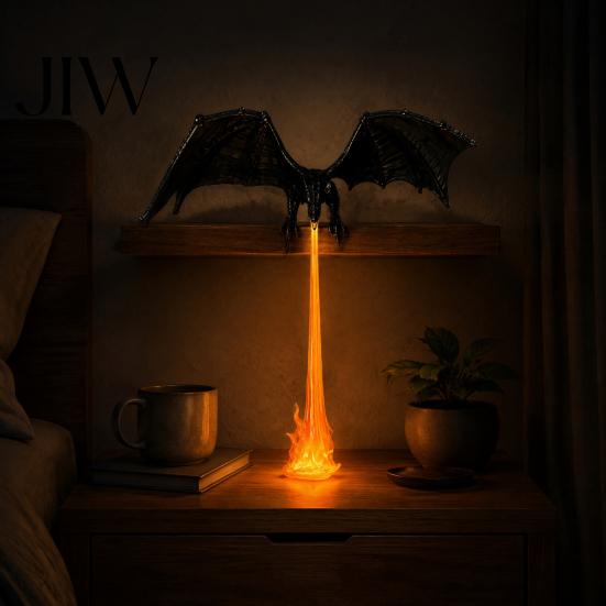 Mythical Creature Statue Dragon Bookshelf Nook Light with LED Flame Effect, Fantasy Shelf Decor, Wooden Clamp Flying Display Ornament for Study