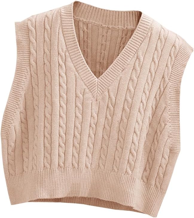 Womens Preppy Cropped Sweater Vest V Neck Sleeveless Cable Knit Tank Top