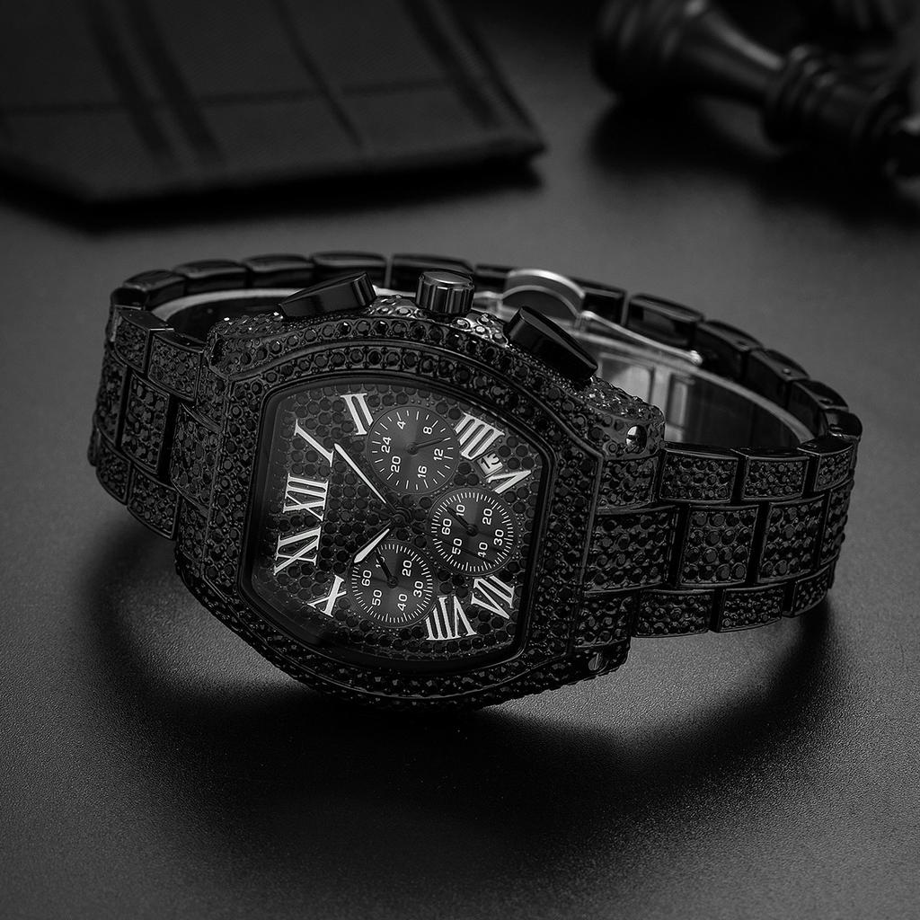 Gold Watch For Men Hip Hop Bling Bling Tonneau Quartz Watches For Large Man Waterproof Millerable Hand Clock Gift