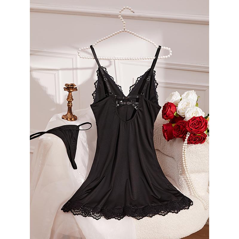 Women Sensual Lace Underwear Set Hollow Butterfly Bow Split Sleepwear Dress Panty Lingerie Outfit Sheer Breathable Nightwear