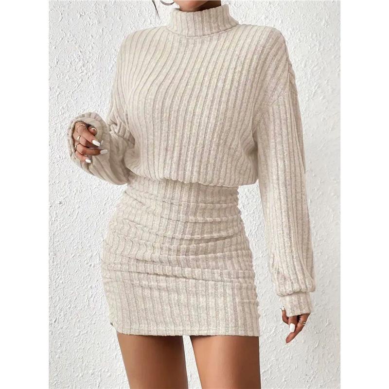 Women's Turtleneck Long Sleeve Ribbed Knit Bodycon Mini Dress Casual Sweater Dress