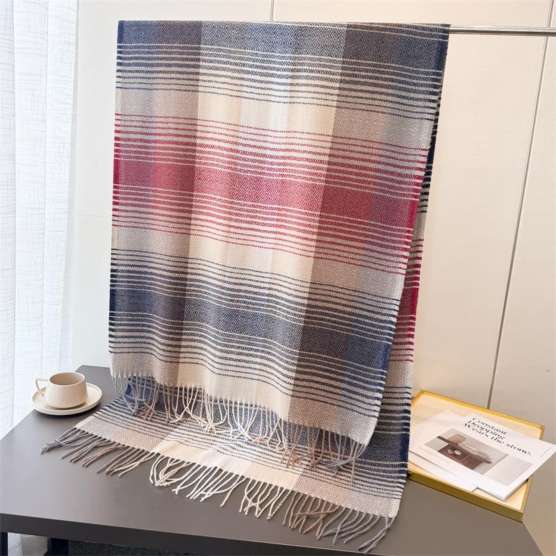 Color Blocked Plaid Long Scarf with Tassel Thick Soft Warm Imitation Cashmere Shawl Versatile Neck Scarf for Autumn Winter