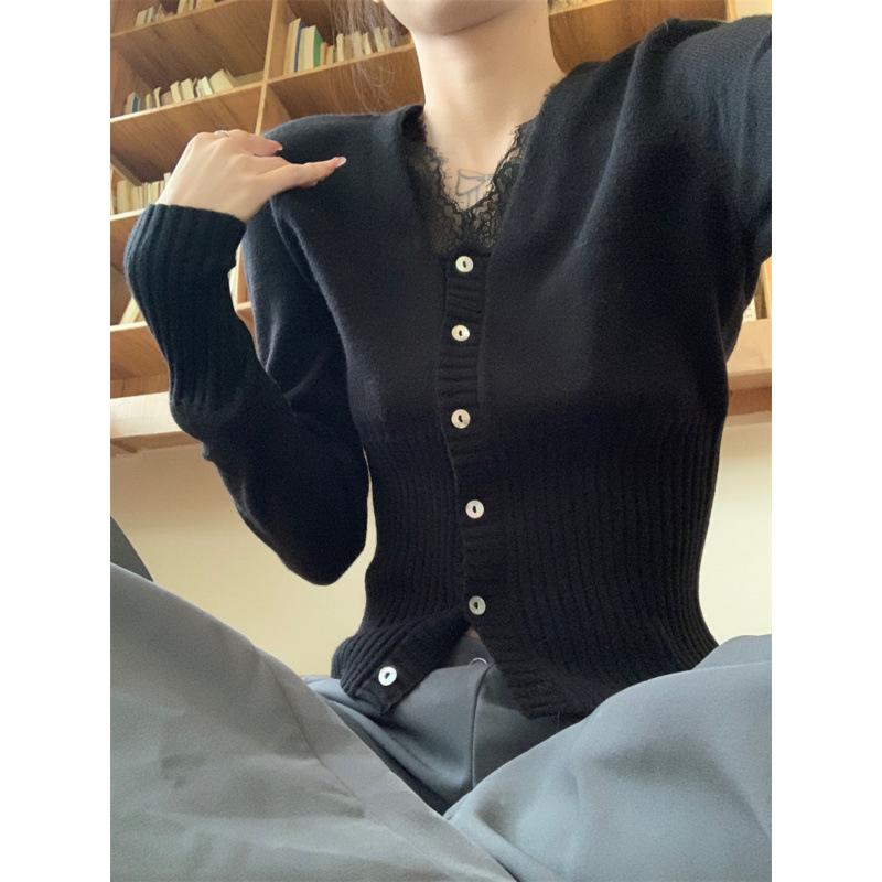 Korean V-Neck Lace Splicing Cashmere Cardigan – Women's Waist-Cinching Sweater for Early Spring
