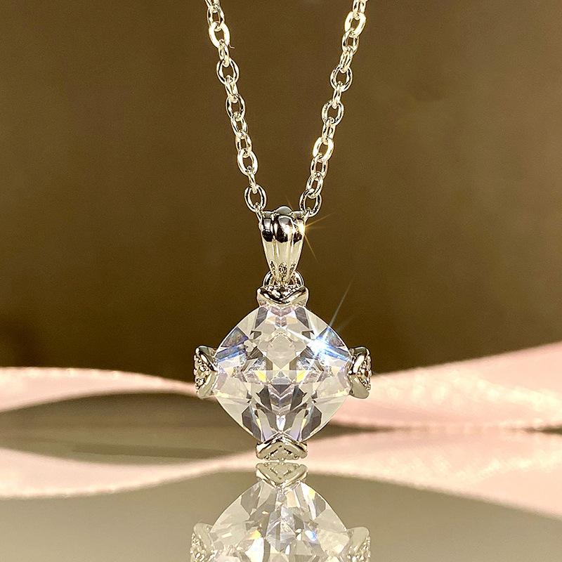 Silver Plated Square Cut Clear Zircon Pendant Necklace