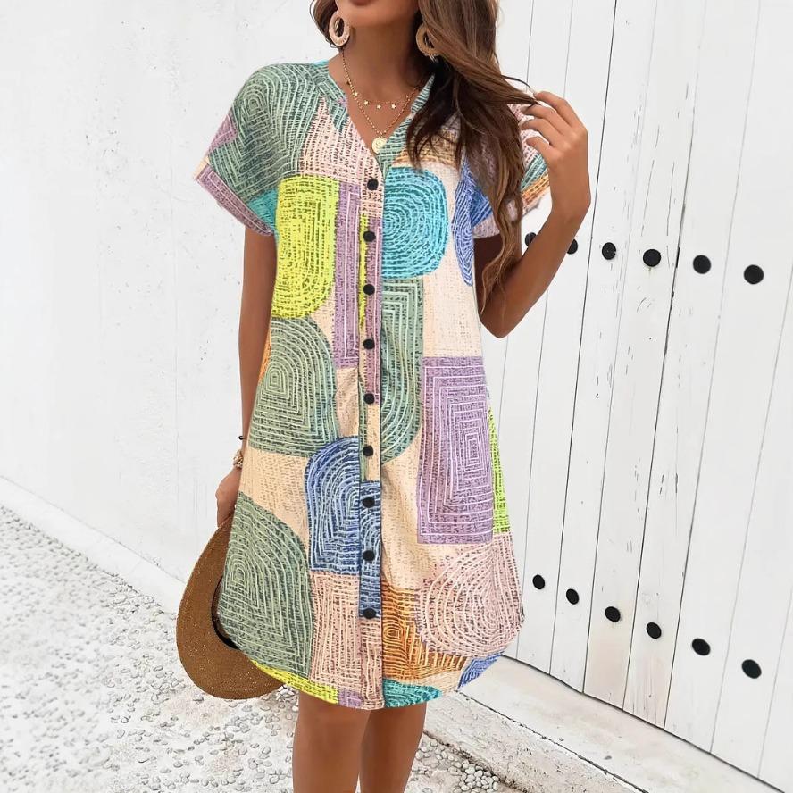 

YYFS Женская мода Лето Весна Цветной блок Принт Короткий рукав V-образный вырез Свободная линия талии Повседневные платья XL зелёный