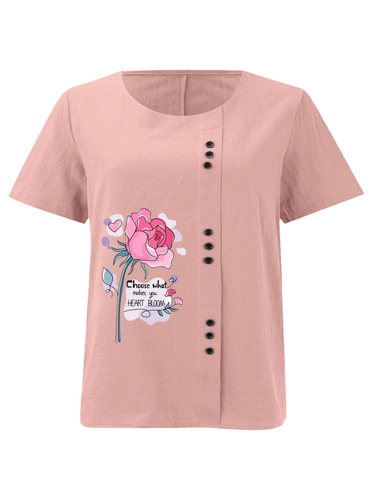 Women s Fashion Floral Pattern Print Shot Sleeve T-shirt Loose Cotton Shirt Casual Loose Summer Plus Size Blouse Tops S розовый