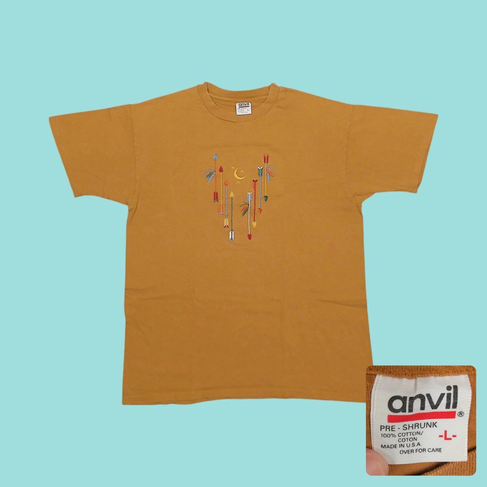 

Vintage 90s Southwestern Arrow Embroidered Single Stitch T Shirt Mens L Anvil 3XL