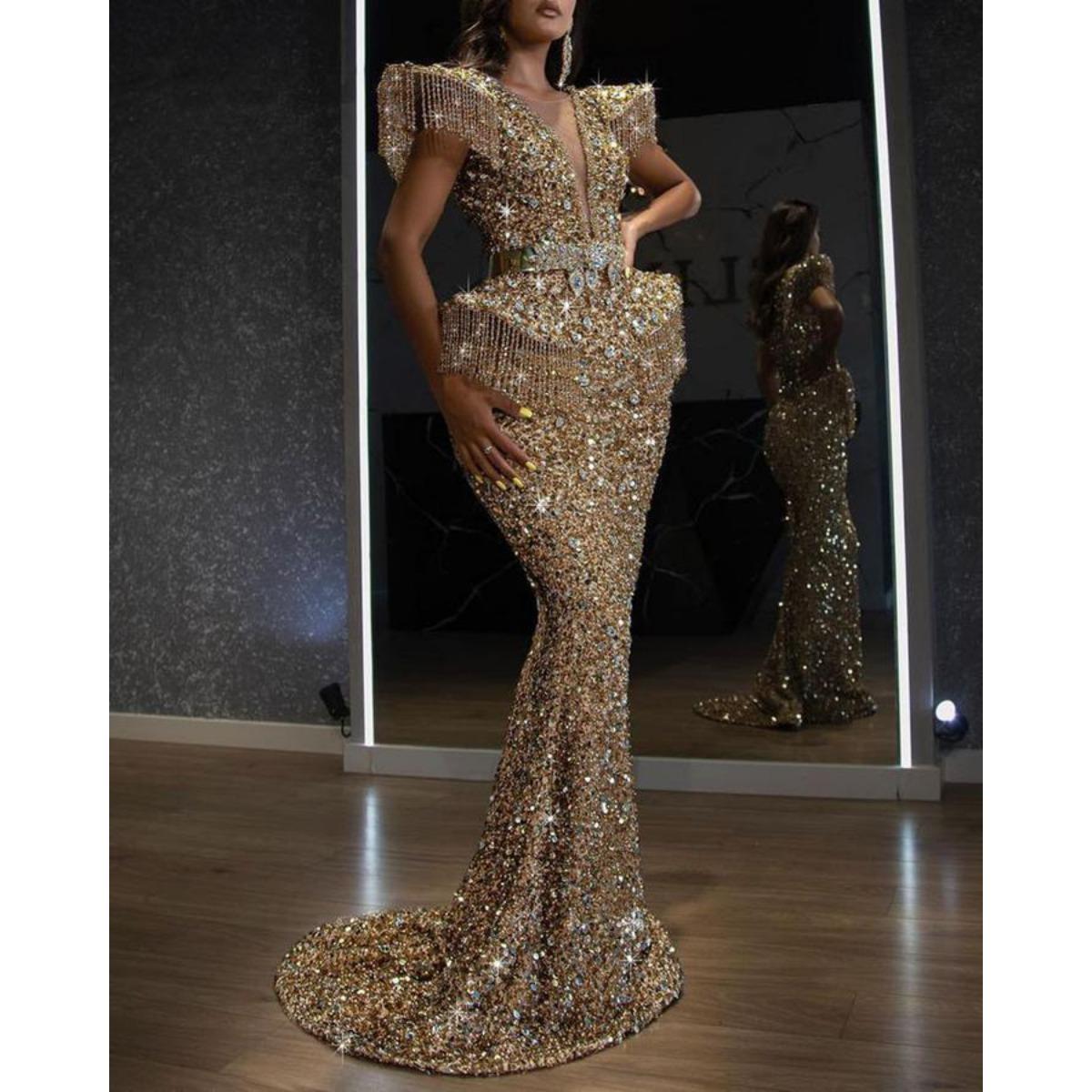 Fall Winter Women s Sexy Sequined Tassel Train Bodycon Party Banquet Evening Dress for Crossborder Dropshipping S золотой