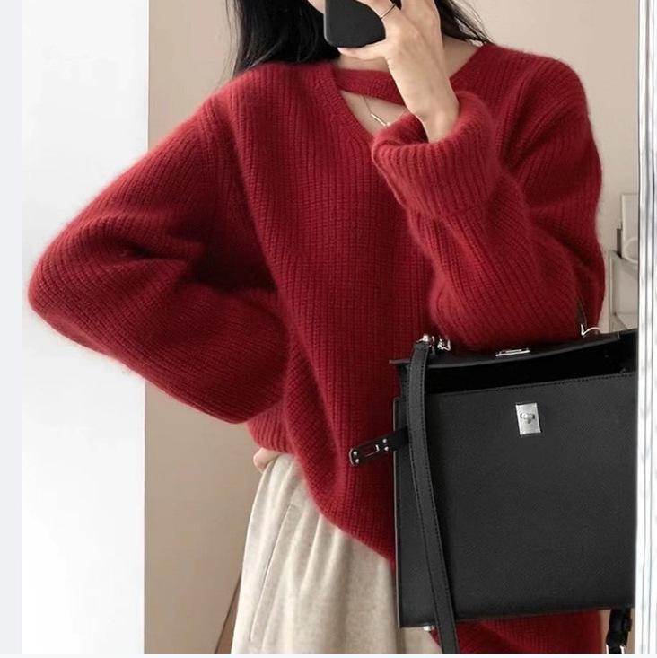 Korean-Style Hollow V-Neck Pullover Sweater - Women's Loose Fit Knit Base Layer