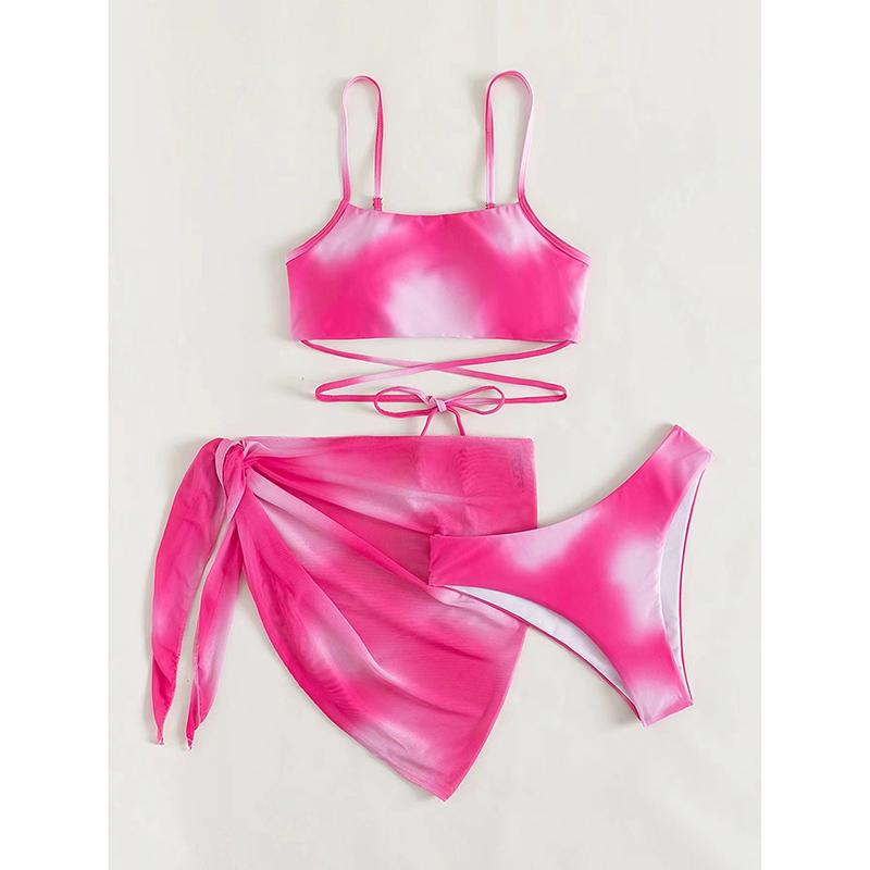 Sexy Gradient Tie-dye Bikini Women Solid Halter Cross Cover Up Skirt 3 Piece Swimsuit Bathing Suit Swimwear