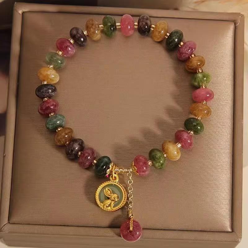 Women's Retro Jade & Tourmaline Bracelet with Moon Rabbit Pendant and Blessing Card