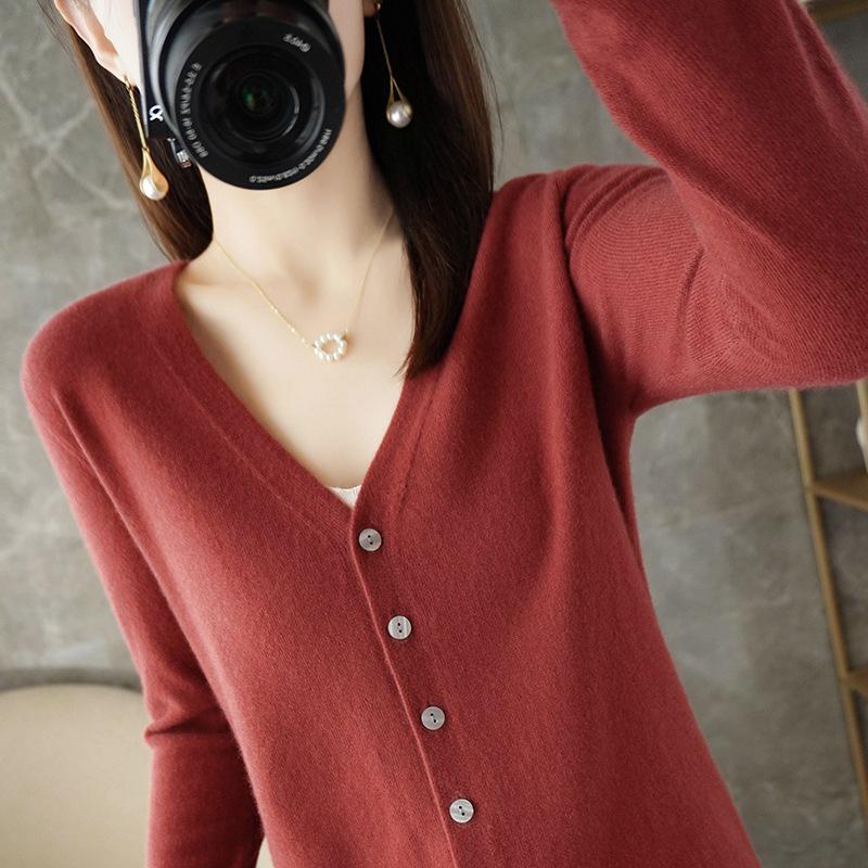 Women's V-neck Knitted Cardigan - Long-Sleeve All-Season Outerwear Sweater