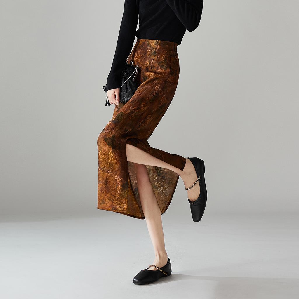 National Style High Waisted Printed Midi Skirt with 2026 Spring Temperament, Versatile for Commuting, Mid Length Straight Leg Slit Skirt