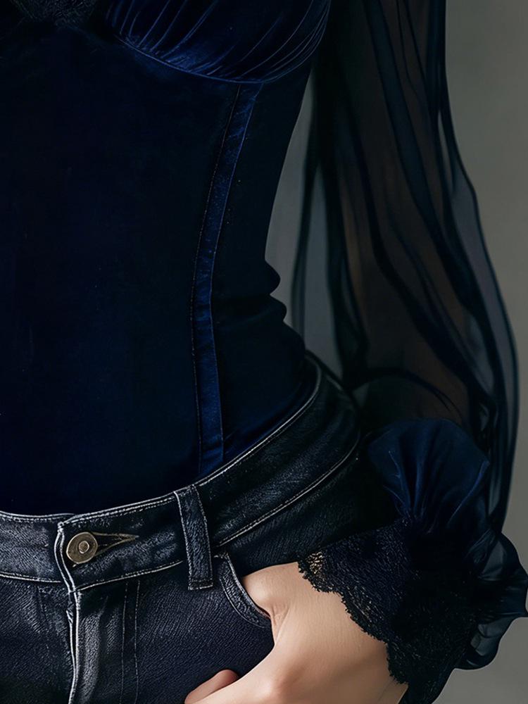 Elegant Spliced Mesh Bell Sleeve Lace-up Waist Top - Spring/Autumn 2026 Collection