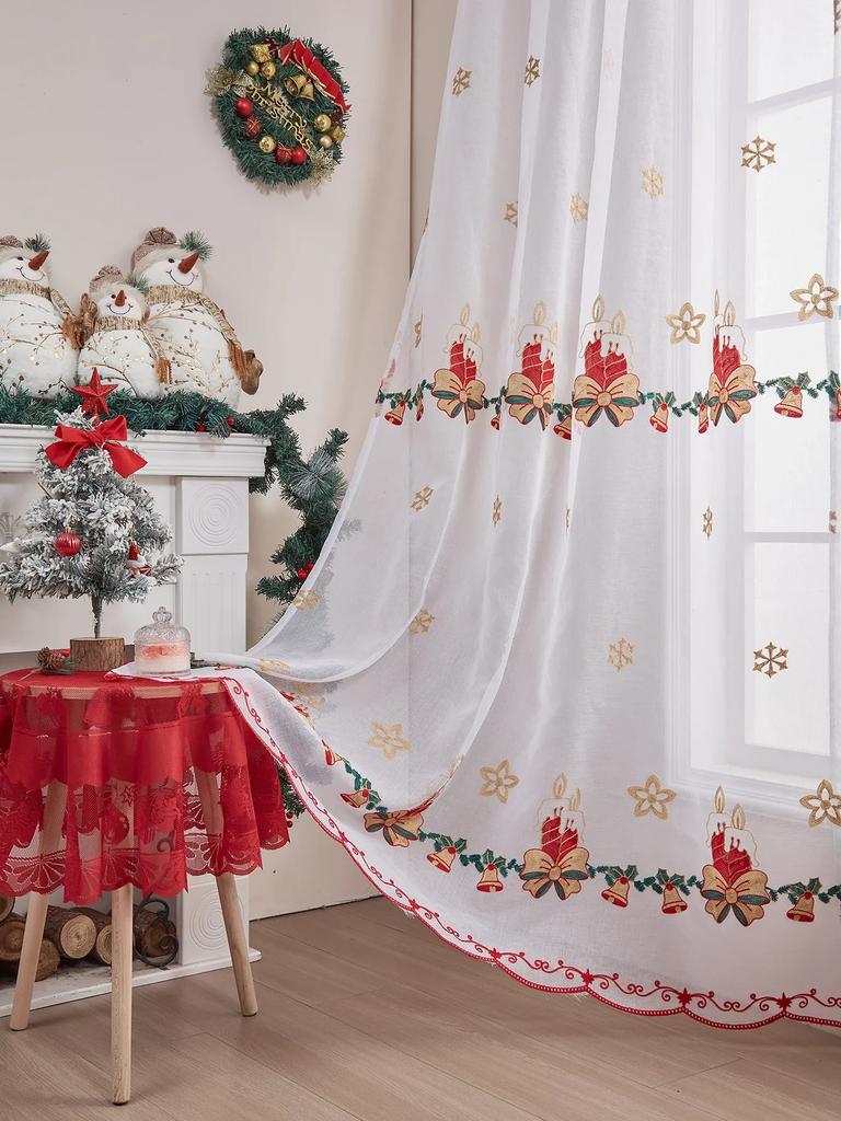 Window Screen Sheer Yarn Decorative 1PC American Christmas Tulle Curtains for Living Room Snowflake Embroidered
