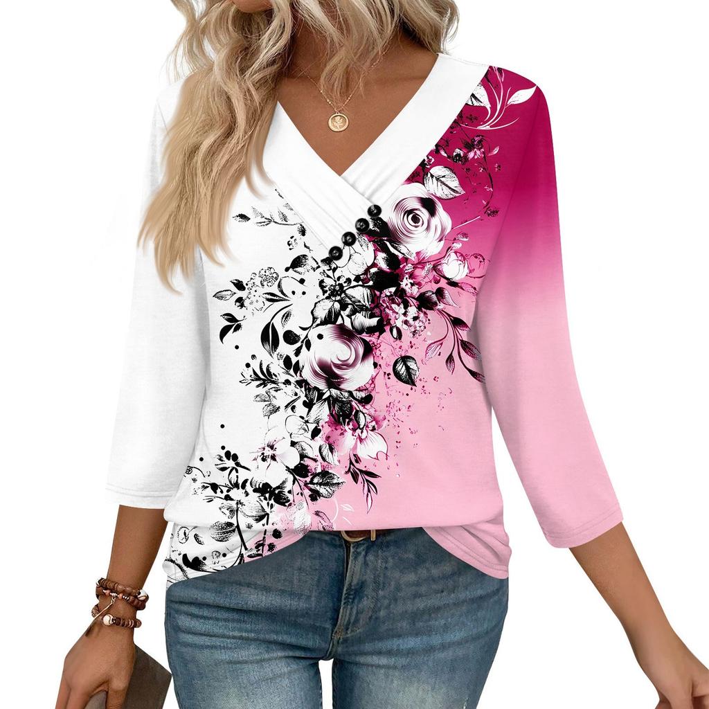 Women's Print Top Button-down V-neck T-shirt 3/4 Sleeve Loose Fashion Top