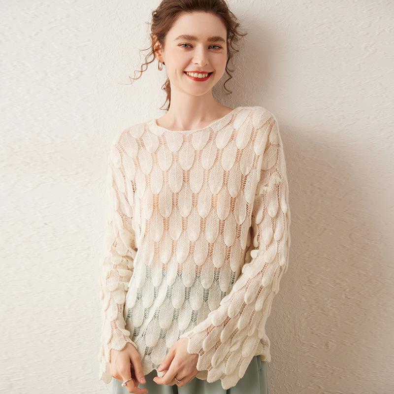 Women's High-End French Cashmere Sweater: Hollowed-Out, Round Neck, Bell Sleeves, 2024 Trend