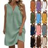 V Neck Sleeveless Tank Mini Dress 3 Front Decor Buttons Loose Irregular Hem Faux Linen Sundress Breathable Beach Oversized Flowy Vacation Cover Up