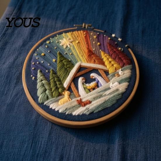Polyester Embroidery Fabric Nativity DIY Kit, Manger Scene Hand Patterns Christian Needlepoint Craft Kit for Beginners, Religious Home Decoration