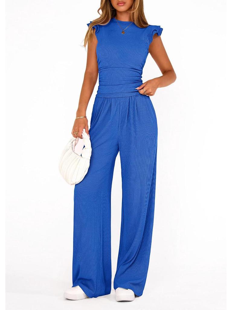 Women's 2026 Summer Solid Color Two-Piece Set with Ruffle Wide-Leg Pants
