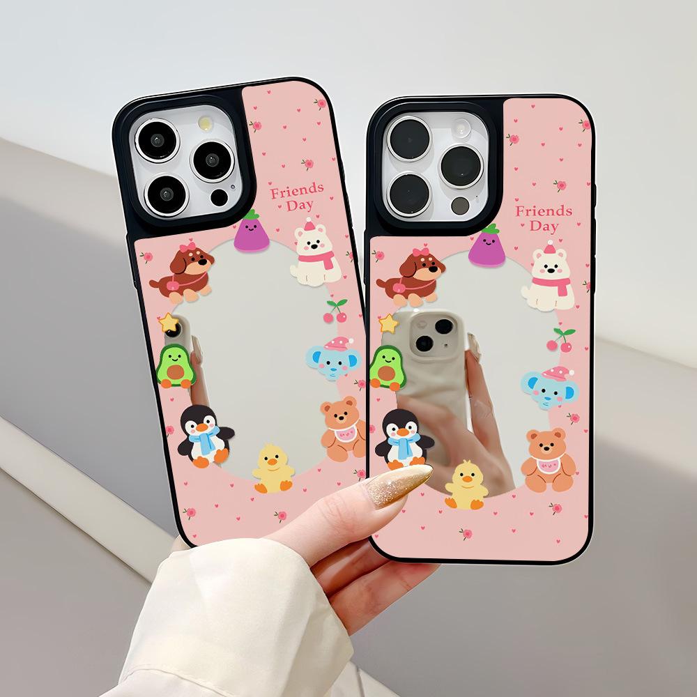 Circle animals are suitable for Apple 17ProMax black frame mirror mobile phone case 15 all-inclusive 13/12 niche 14 large holes