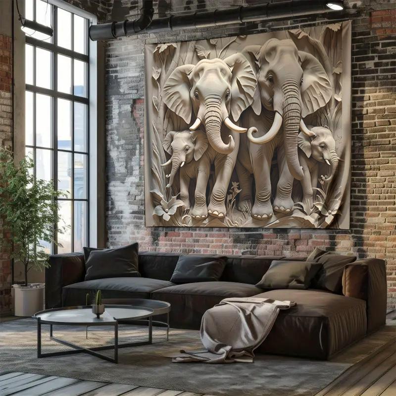 Elephant Family Relief Hanging Cloth Elegant Wildlife Art Tapestry Wall Hanging