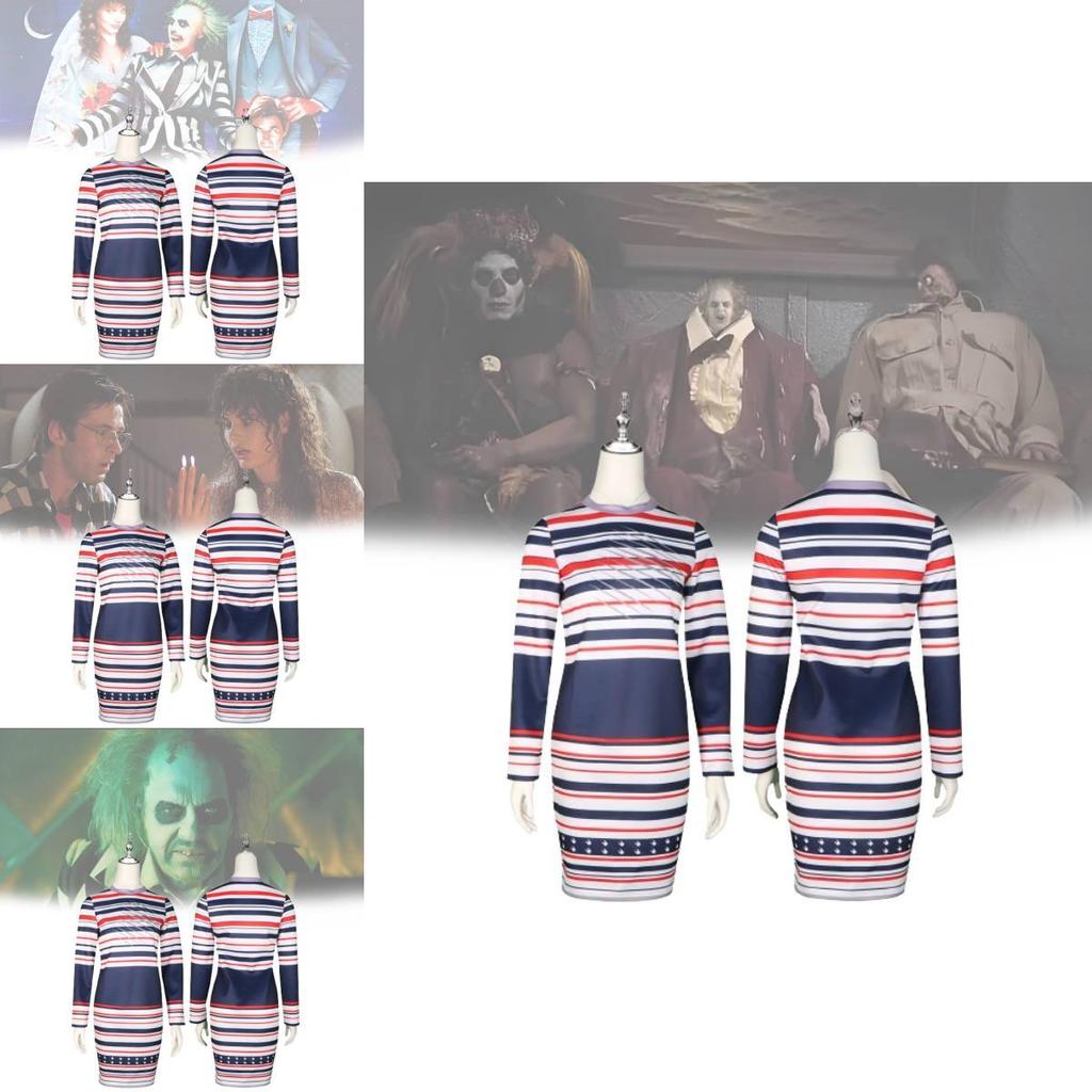 Beetlejuice Cosplay Costume Astrid Striped Dress For Halloween Role Play