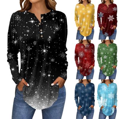 Women's Fashionable Loose-Fit Button-Down Collar Christmas Print Long-Sleeved Top
