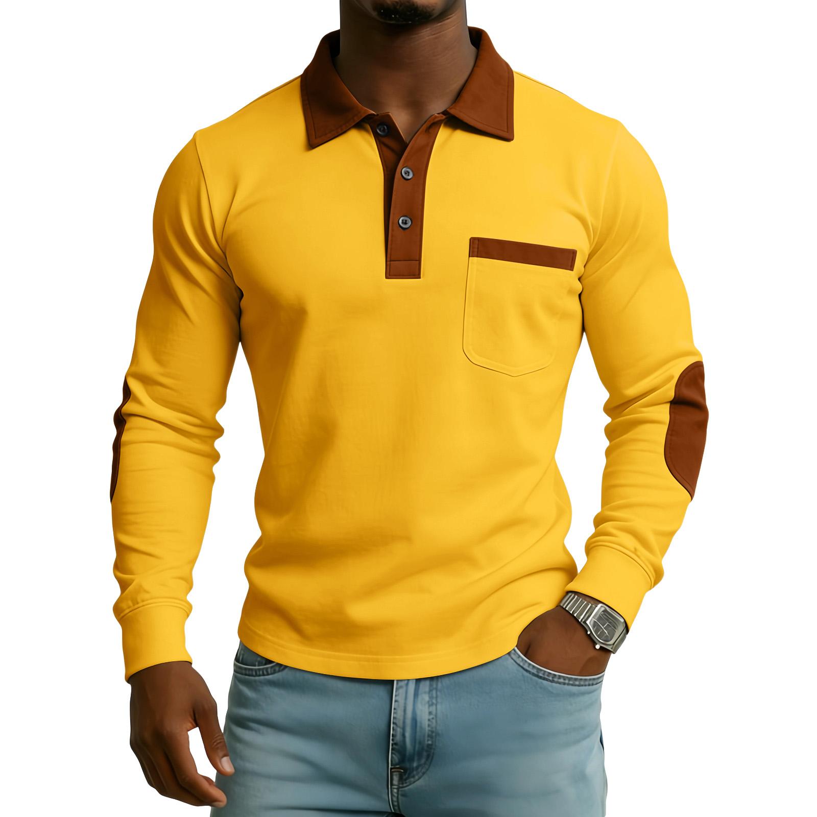 

Мужской топ с цветными блоками, лацканами на пуговицах, карманом и длинными рукавами, мужской повседневный модный топ с длинными рукавами XL жёлтый