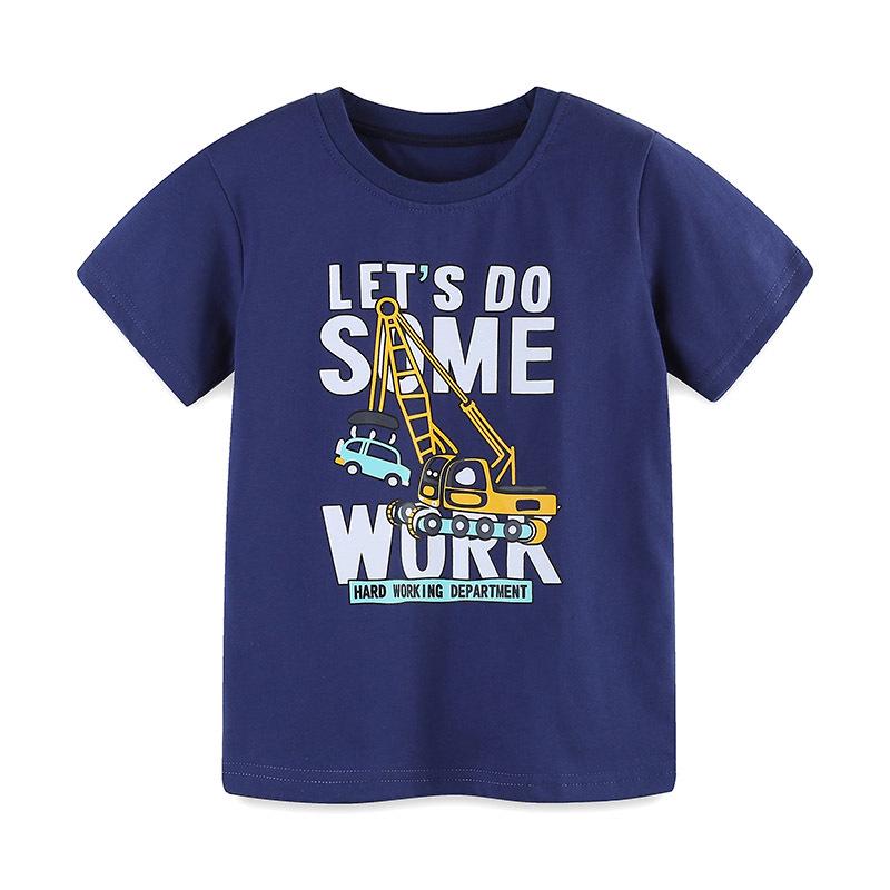 European Style Boys Cartoon Construction Vehicle Print T-shirt - Short Sleeve, Round Neck Summer Top 110cm