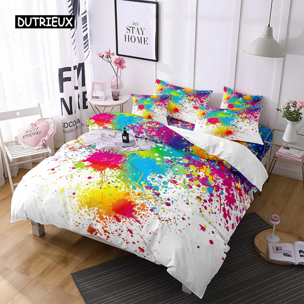Set Copripiumino Acquerello Nero Multicolore Stampa Disegnata a Mano Biancheria da Letto Matrimoniale Microfibra Motivo Astratto Copripiumino