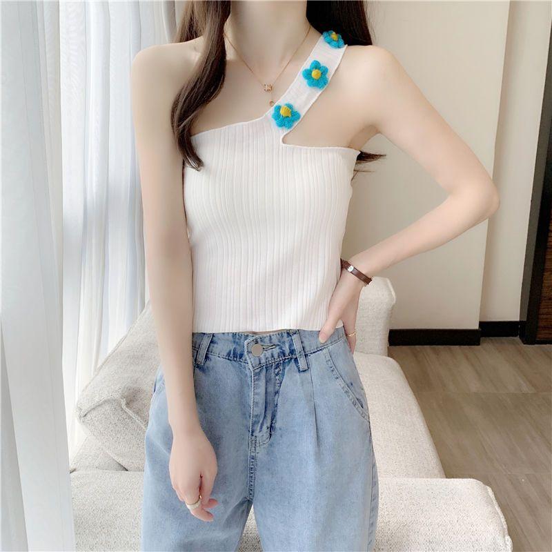 Single Shoulder Strap Slanted Shoulder Outer Wear Knitted Vest Suspender High Waist Exposed Navel Short Top Women's Summer