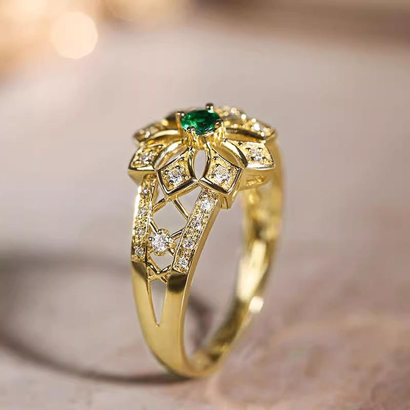 Huitan Hollow Flower Design Gold Color Rings for Women Luxury Green/White Cubic Zircon Wedding Party Temperament Female Jewelry