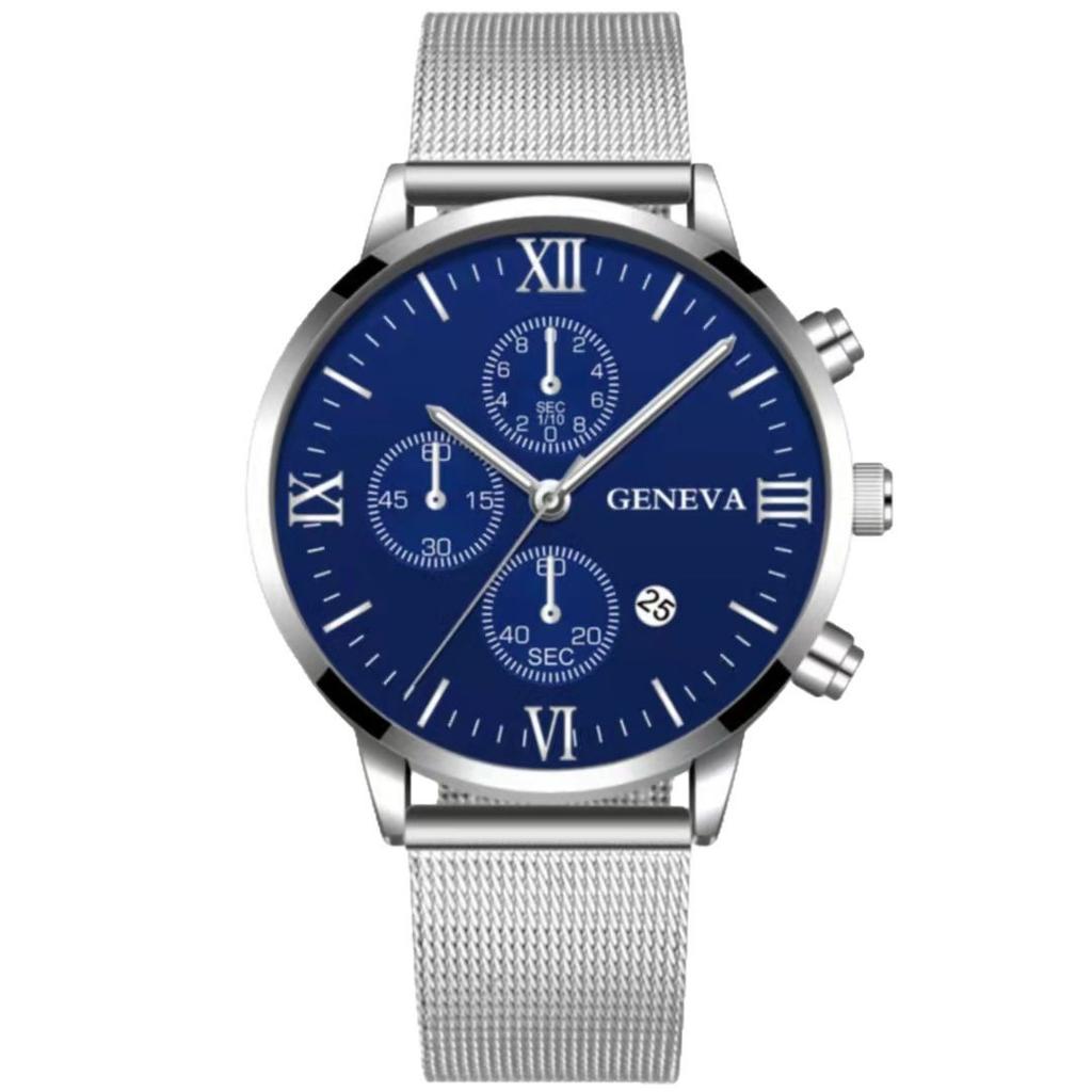 Mesh Belt Men With Calendar, Fake Three-Eye Business Leisure Boys Gift Quartz Watch
