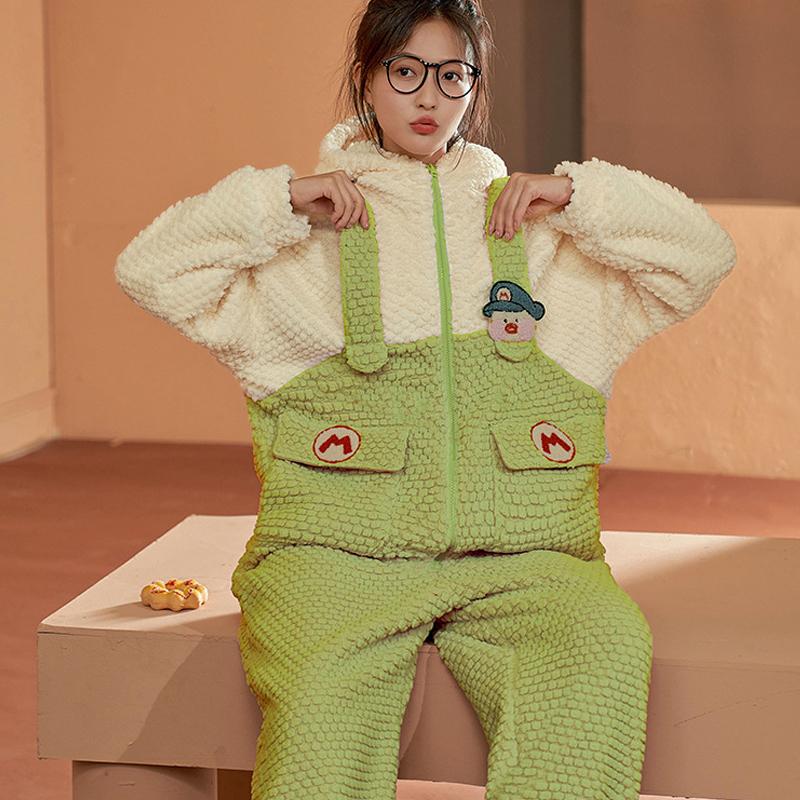 Winter Pajamas Women's Jumpsuit Coral Fleece Sleepwear Cute Cartoon Nightwear Thickened Plush Hooded Warm Flannel Home Clothes