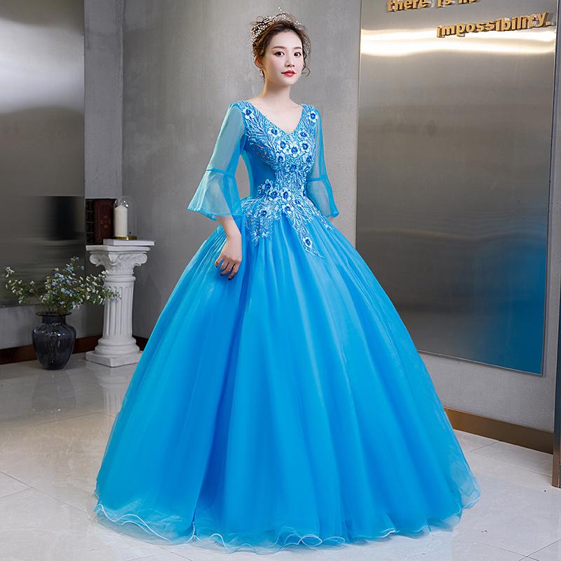 Color Yarn 1011 New Host Long Evening Dress Female Performance Student Vocal Solo Art Test Costume Fluffy Skirt